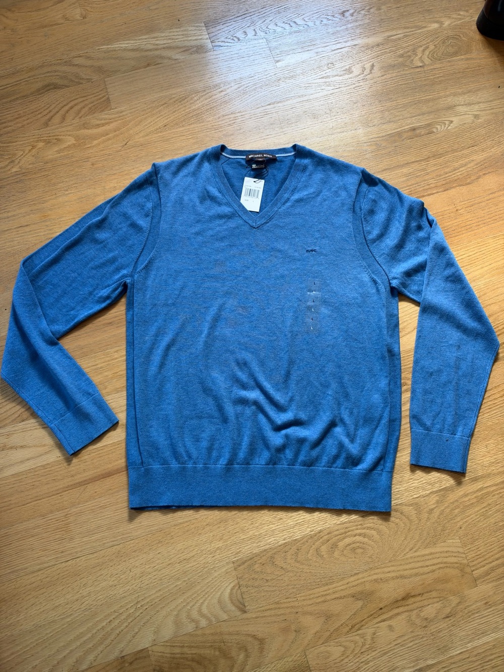 Michael Kors Blue Cotton Knit Solid Logo V-Neck Pullover Sweater Men’s Size L